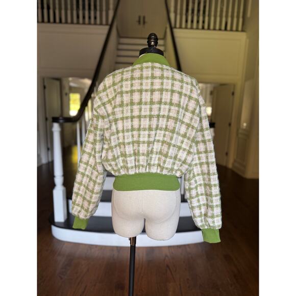 Green Plaid Boucle Bomber Jacket StreetStyle Casual School Fall Winter Spring - Picture 5 of 14